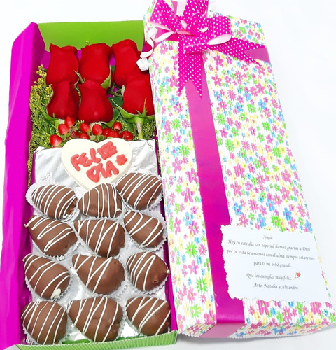 Arreglos Florales Caja Rosas+tarjeta+ Fresa Choc +dom Gratis