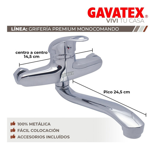 Grifería Monocomando Pico Largo Cocina Lavadero Pared Gx