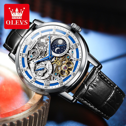 Relojes Luminosos Olevs Automatic Skeleton Para Hombre Color Del Bisel Silver/blue