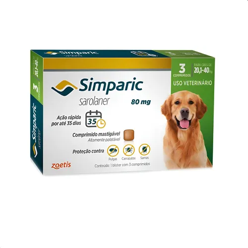 Antipulgas Zoetis Simparic 80mg Cachorro 20.1 kg 40 kg 3 Comprimidos