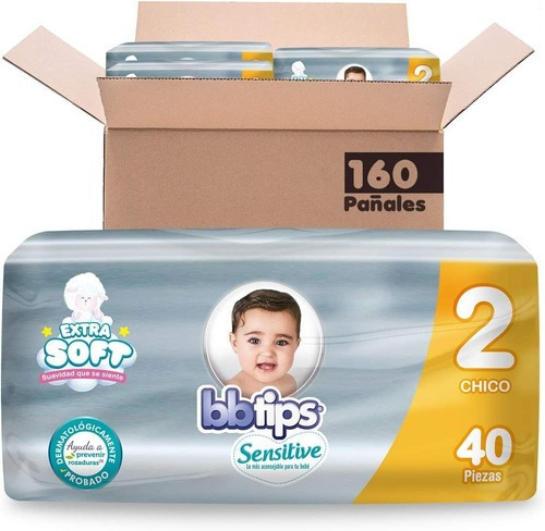 Pack de 4 paquetes con 40 Pañales cada uno Bbtips Sensitive unisex talla 2