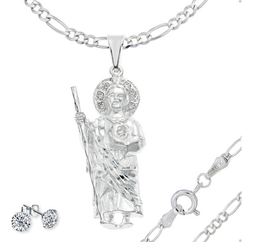 San Judas Tadeo Dije Y Cadena Figaro 60cm Plata Ley 925