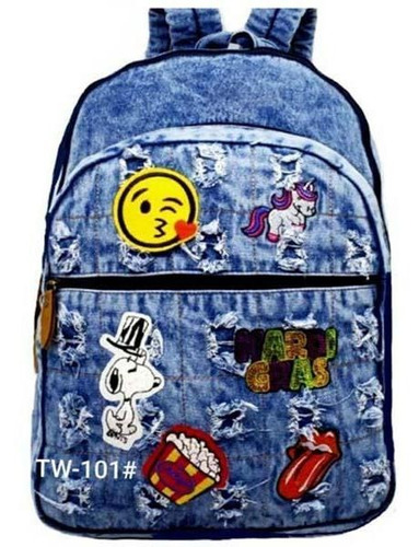 Mochila Jeans Patches Escolar Juvenil Tw101