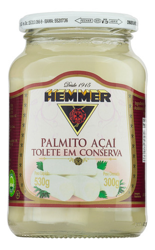 Palmito Açaí em Conserva Tolete Hemmer Vidro 300g