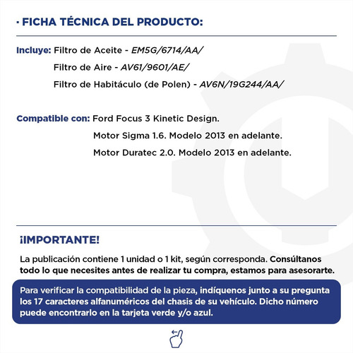 Imagen 2 de 8 de Kit 3 Filtros Aceite + Aire + Polen Ford Focus Motor 1.6 2.0