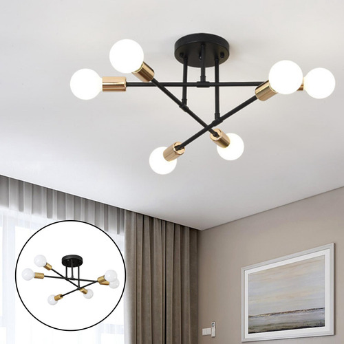 Lámpara De Techo De Hierro Con 6 Candelabros Negro Dorado