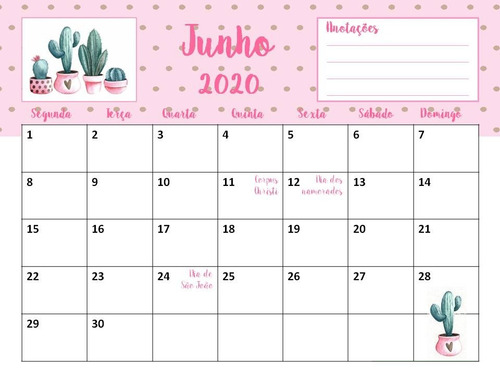 Calendário 2020 Cactos Suculentas Sem Propaganda Planner Pdf