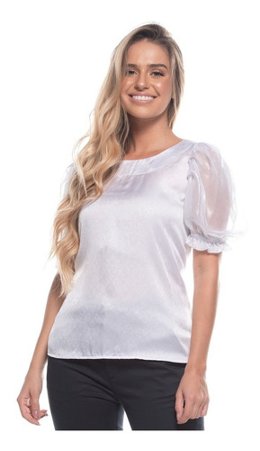 Blusa Romântica Cetim Floral Manga De Tule Bufante Branco