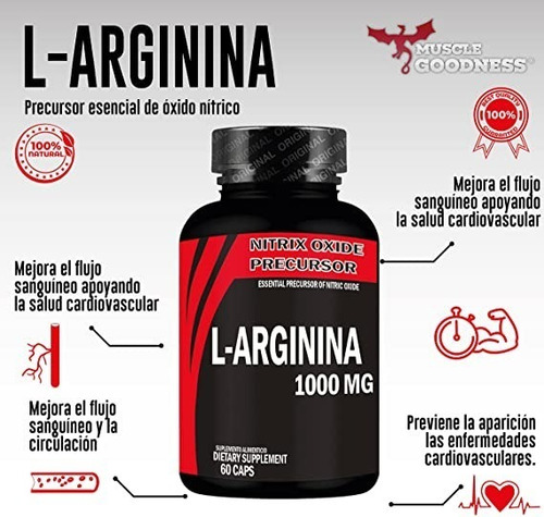 Imagen 3 de 4 de L-arginina | Premium | 1000mg| Muscle Goodnes | 60caps | No²