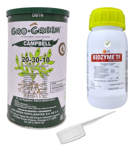 Gro-green 1kg Fetilizante Crecimiento + Biozyme Floracion