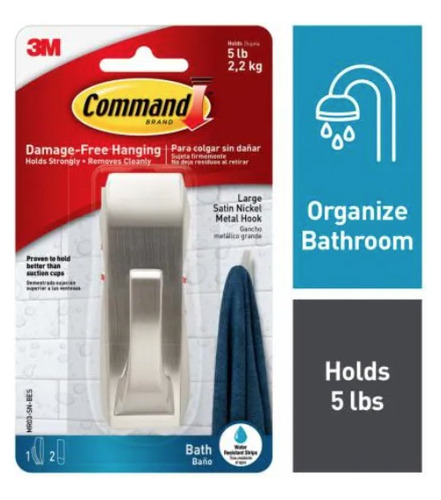 Command Gancho Grande Baño, Satin Nickel, Mr03-sn-bes