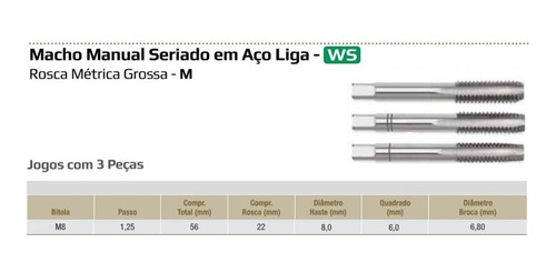 Jogo Macho Aco Liga M8x1,25 - Din352 - 3 Pcs