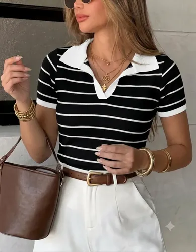 Blusa Feminina Manga Curta Polo Listrada Elegante Moda Verão Preto/off Listras Único