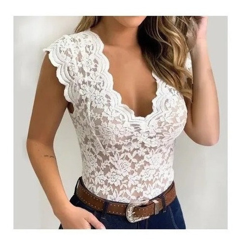 Body Sin Mangas Sexy Con Cuello En V Para Mujer Encaje Solid