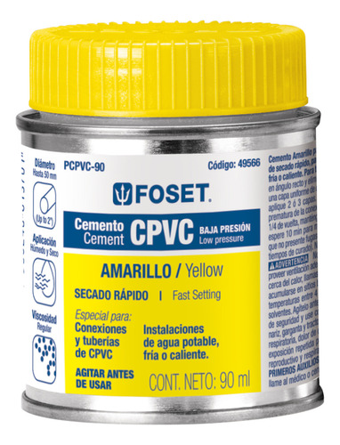 Cemento Amarillo Para Cpvc En Bote 90ml Baja Presión Foset