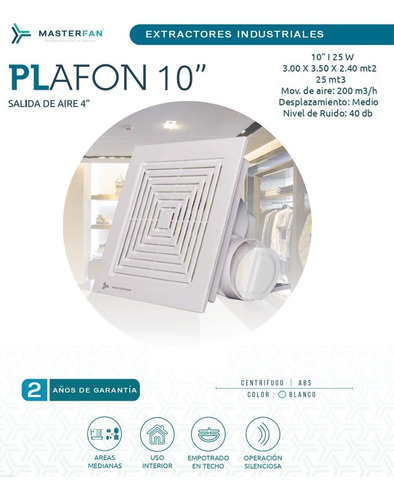 Imagen 6 de 10 de Extractor Techo Pared Plafon 10'' Blanco Ducto 4'' Masterfan