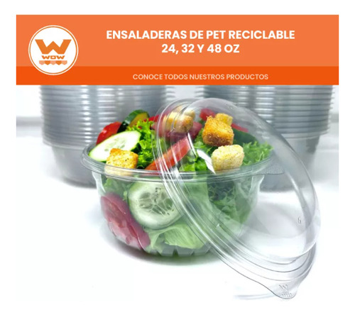 Ensaladera Con Tapa Plana 48 Oz Pet Reciclable Wow 25 Jgs Color Blanco