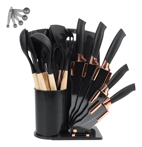 Kit 19 Utensílios De Cozinha Com Cabo De Madeira E Silicone