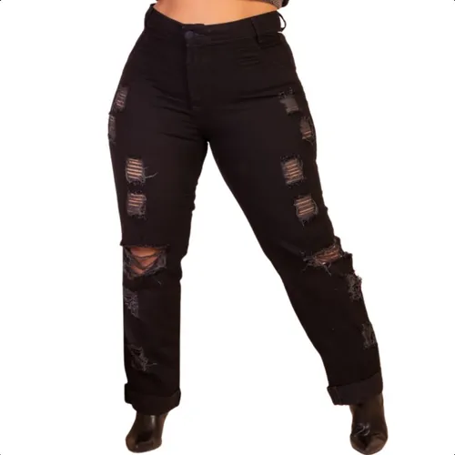 Cal a Jeans Mom Plus Size Feminina Preta Cintura Alta Barata