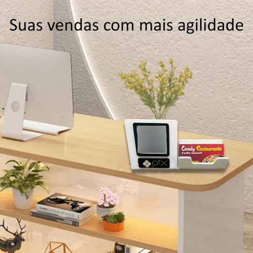 Placa Pix Qr Code Com Porta Cartões De Visita Em Acrílico Branco