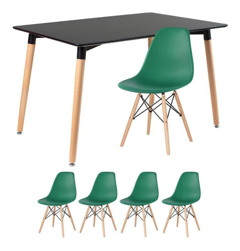 Kit Mesa Jantar Eames Retangular 120 X 80 Cm 4 Cadeiras Dsw Cor da tampa Mesa preto com cadeiras verde escuro