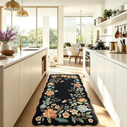 Tapete Passadeira Trilho 100x50 Macio Antiderrapante Grande 1 M 50 Cm Borda Arredondada Preto Floral