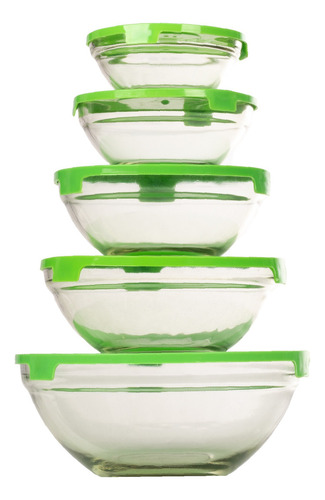 Set De 5 Bowls De Cristal Con Tapa De Plástico Verde