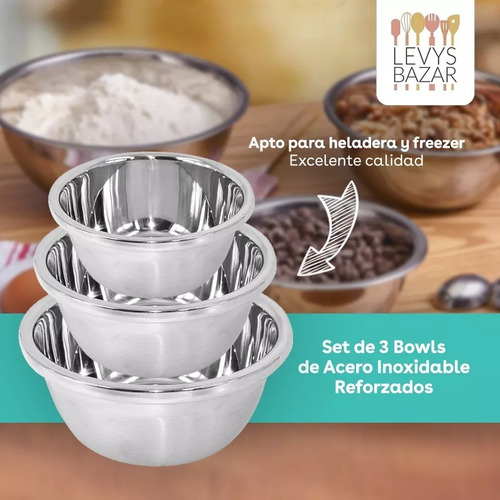 Set X3 Bowls Cocina Acero Inoxidable Batidor Para Batir Reforzado Reposteria Ensaladeras Acero Inoxidable Bowl Crema Levys Bazar
