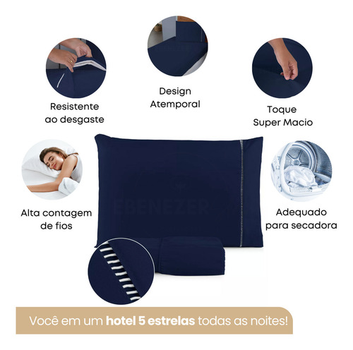 Lençol Solteiro Padrão Com Fronha Ponto Palito 400 Fios Macio C/ Elástico 2 Peças Azul Marinho Premium