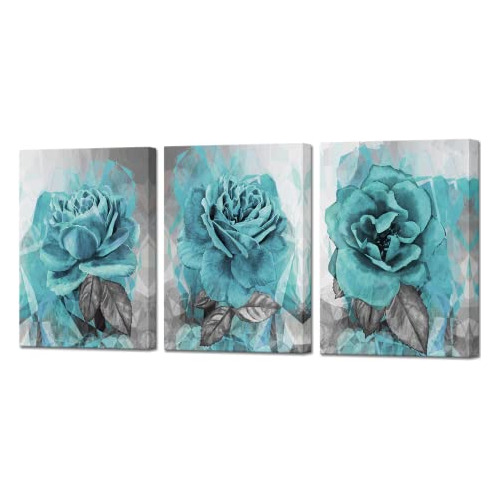 Arte De Pared De Flores Azules Turquesa Rosa Teal, Impr...