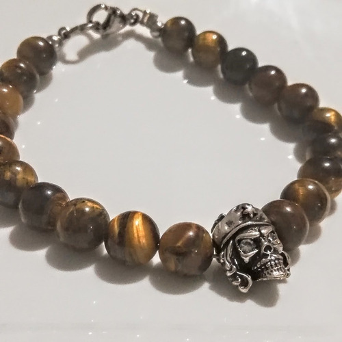 Pulsera Calavera Aviador Piedras Naturales Ojo De Tigre