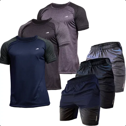 Kit 3 Conjuntos Dry Fit Masculino Academia Fitness Lisa Malh Preto+cinza+azul G