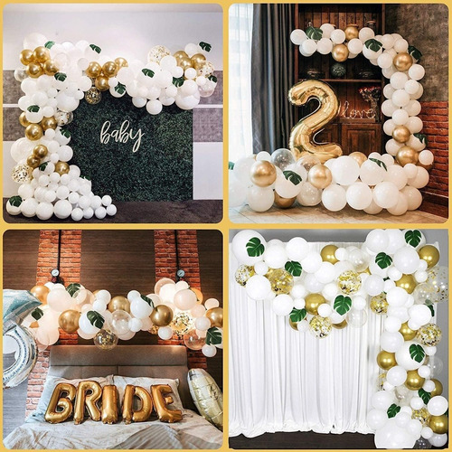 Imagen 5 de 6 de Arco Globos Decorativo Hojas Blanco Dorado Confetti Cumple