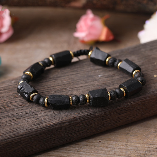 Dx Pulseira Turmalina Negra Natural Com Contas Lava Negra