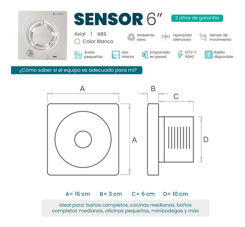 Imagen 3 de 6 de Extractor De Aire Con Sensor 6 Pulgadas Blanco Masterfan