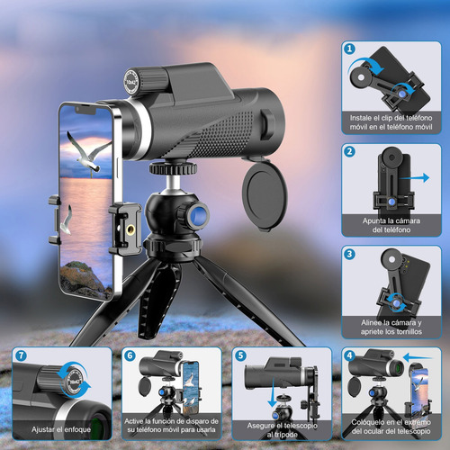 Monocular Telescopio Para Celular 10x42 Hd Con Clip Trípoide Negro