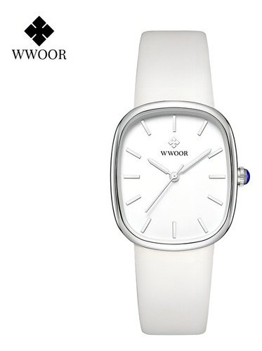 Reloj De Cuarzo Impermeable Cuadrado De Cuero Wwoor Color Del Bisel Blanco Plateado
