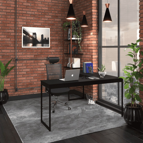 Escrivaninha Mesa Em L Industrial De Canto Vintage Ferro E Madeira Cor Preto, Para Escritório Ou Home Office, Amplo Espaço, Ideal Para Trabalho, Estudos, Computador Design Nordico