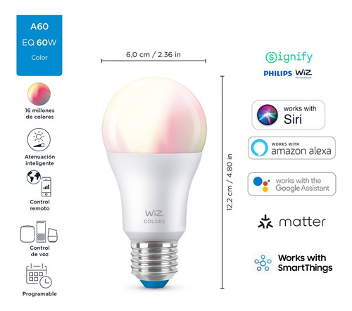Imagen 2 de 7 de Ampolleta Led Signify Wiz Colores Wifi E27 Google O Alexa
