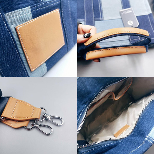 Bolsa De Tote Mezclilla De Los Herrajes Plata Color Azul Col Acabado De Los Herrajes Metal Diseño De La Tela Mezcla De Lona Y Denim