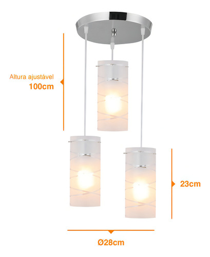 Pendente Teto Triplo Sala Jantar Lustre de Vidro LED 45W First Gelo 3 Lâmpadas E-27 Aço 127/220V LLUMM Bronzearte