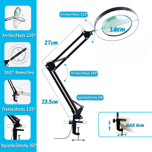10x Luz De Lupa Led 3 Modos De Color Regulable Reparar Leer