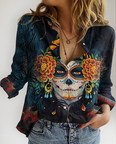 Camisa Lino Algodón Día De Los Muertos Camisa Calavera Mexic