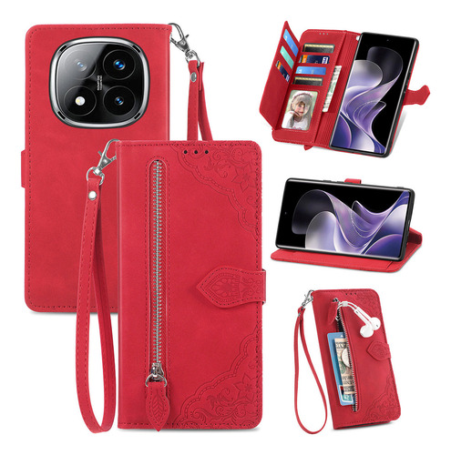 Funda De Piel Emboss Flowers Con Cremallera Para Redmi Note