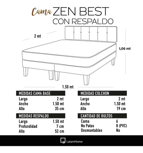 Cama Europea Zen Best Tela Pu 2 Plazas + Respaldo Latam Home