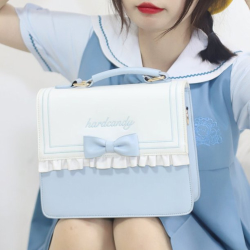 Bolso De Manolindo Para Mujer Kawaii Con Moño Acabado De Los Herrajes Dorado Color Azul Claro Correa De Hombro Azul Claro Diseño De La Tela Lisa