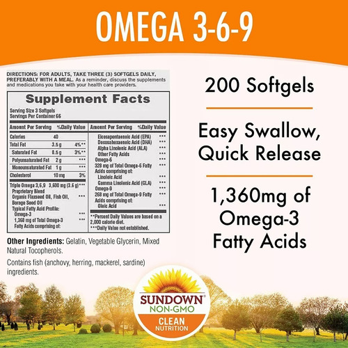 Sundown Omega 3-6-9 Flax, Fish & Borage Oils - 200 Softgels Sem Sabor