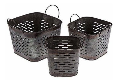 Dark Galvanized Metal Square Olive Buckets, Set Of 3