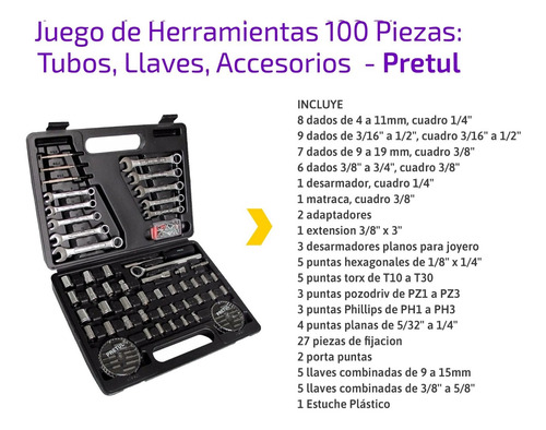 Set Juego Kit 100 Piezas Tubos Llaves Accesorios Pretul Rex