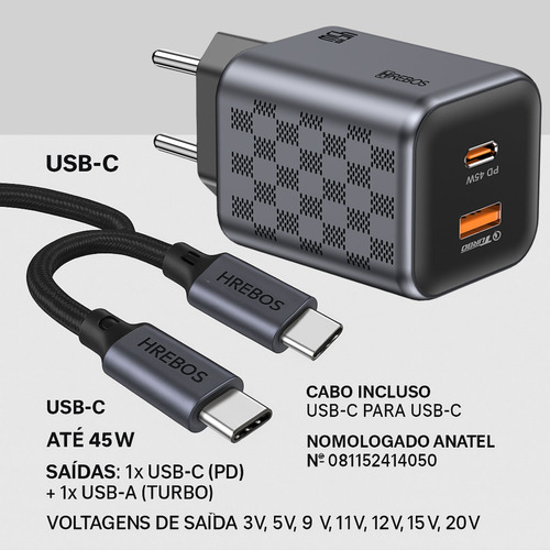 Carregador Celular Turbo Power 45w Usb A + Usb-c Com Tipo C